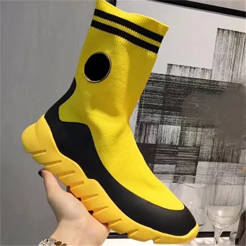 

Sock Boots Women Mid Calf Stretch Shoes Woman Slip On Zapatos De Mujer De Cuero Mixed Color Platforms Botas Mujer Cuero Genuino