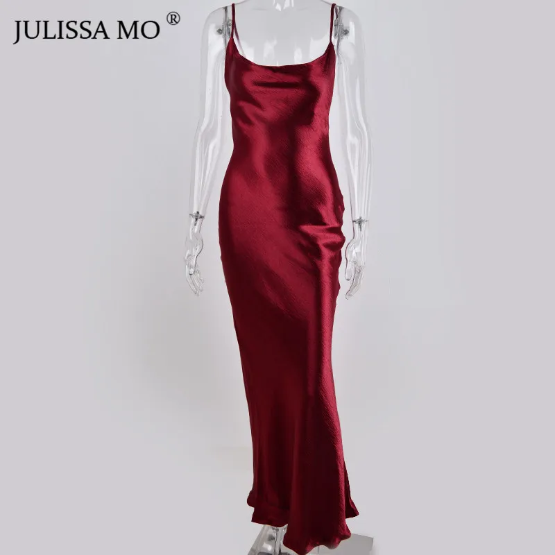 JULISSA MO Sexy Spaghetti Strap Backless Summer Dress Women Satin Lace Up Trumpet Long Dress Elegant Bodycon Party Dresses 2021 shirt dress Dresses