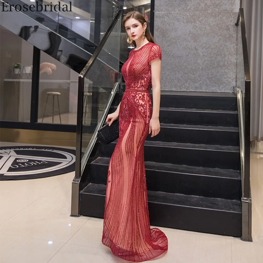 Erosebridal бургундское длинное платье для выпускного вечера с коротким рукавом на молнии сзади длинное торжественное платье со шлейфом вечерние Роскошные платья с бисером