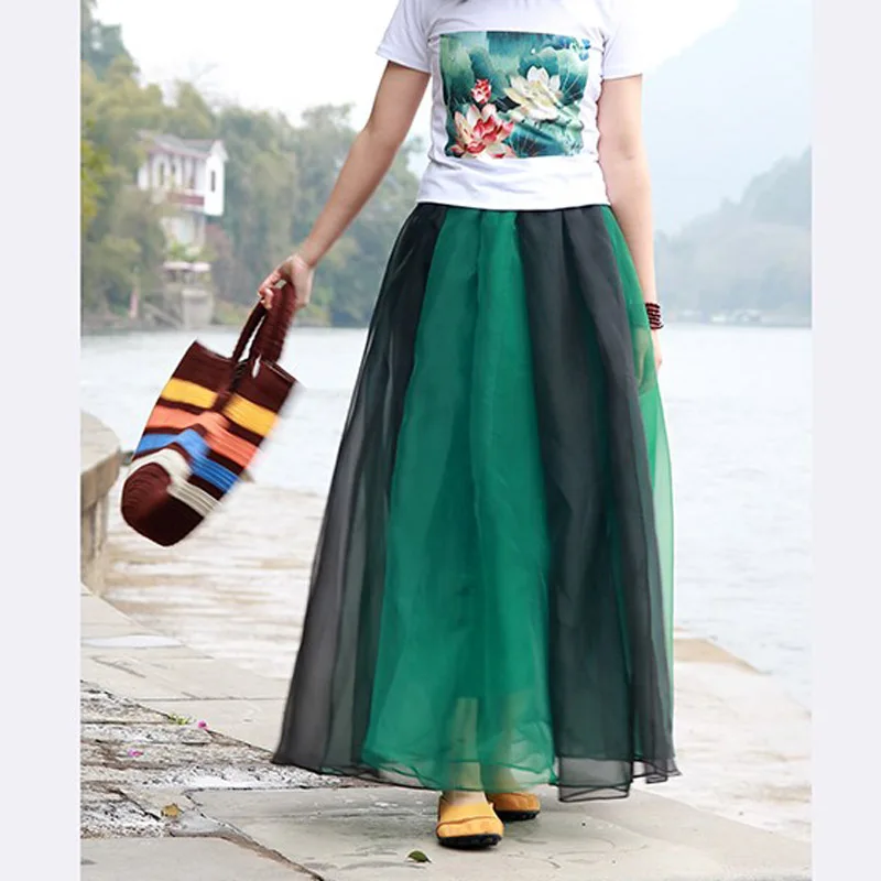 large Plue Size Fashion Fake Molded Silk Organza Tutu Tluffy Fairy Dance Striped Stitching Women Maxi Skirt Designs