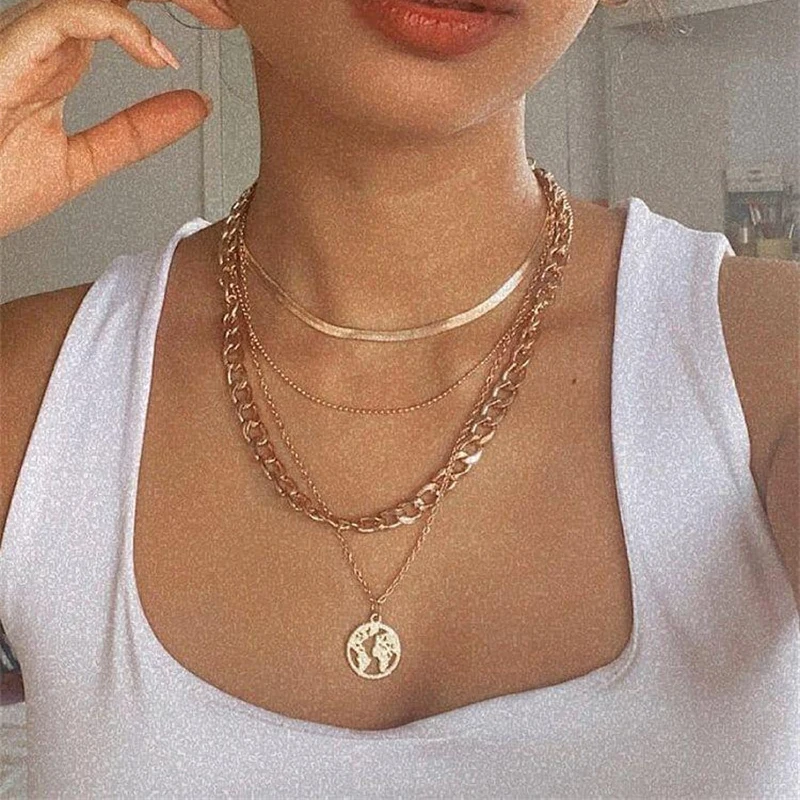 Vintage Multi-layer Simple Necklace Round Pendant Coin Fashion Portrait Chunky Chain Choker Necklaces Jewelry for Women
