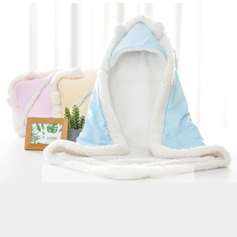 Autumn Winter Warm Ear Hooded Baby Polyester fiber Swaddle Wrap for Newborn Babies Bath Towel Blanket Baby Bedding
