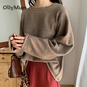 

Fashion O-neck Ladies Pullover KM096 Autumn Loose Long Sleeve Knitting Tops Vintage Khaki Pullovers Sweaters Plus Size