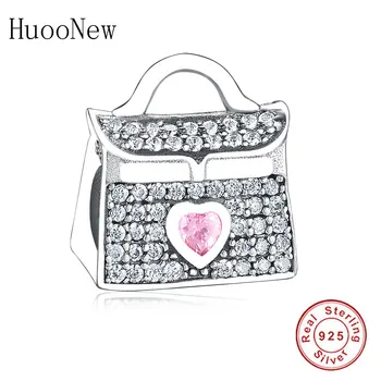 

Pink Crystal Heart Clear CZ Handbag Bag For Women Beads Fit Original Pandora Charms Bracelet 925 Sterling Silver Jewelry Pulsera