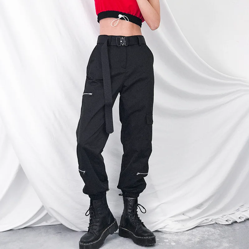 

Gothic Black Women High Waist Button Pocket Zipper Hollow Out Loose Trousers 2020 Spring Goth Female Dark Streetwear Cargo Pants
