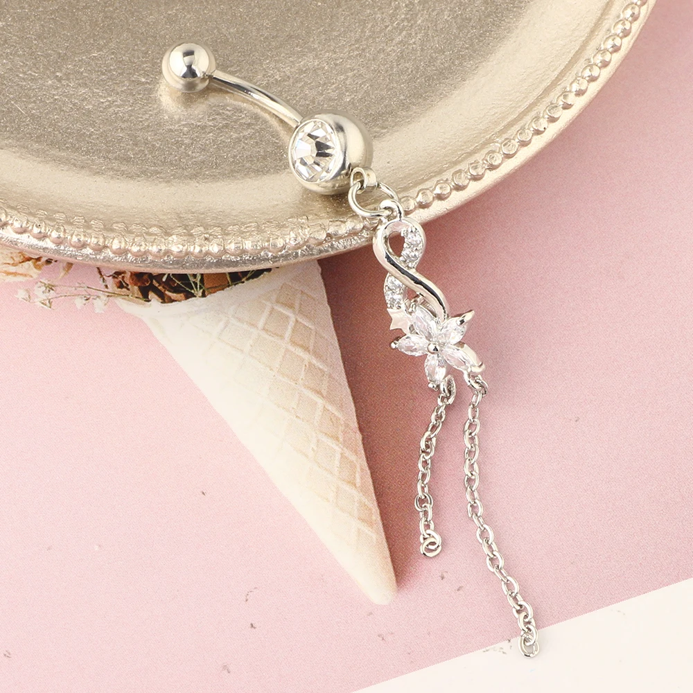 JUNLOWPY Wholesale Body Jewelry Silver Color Crystal Belly Button Rings 16G Titanium Dangle Belly Ring Bellybutton Piercing