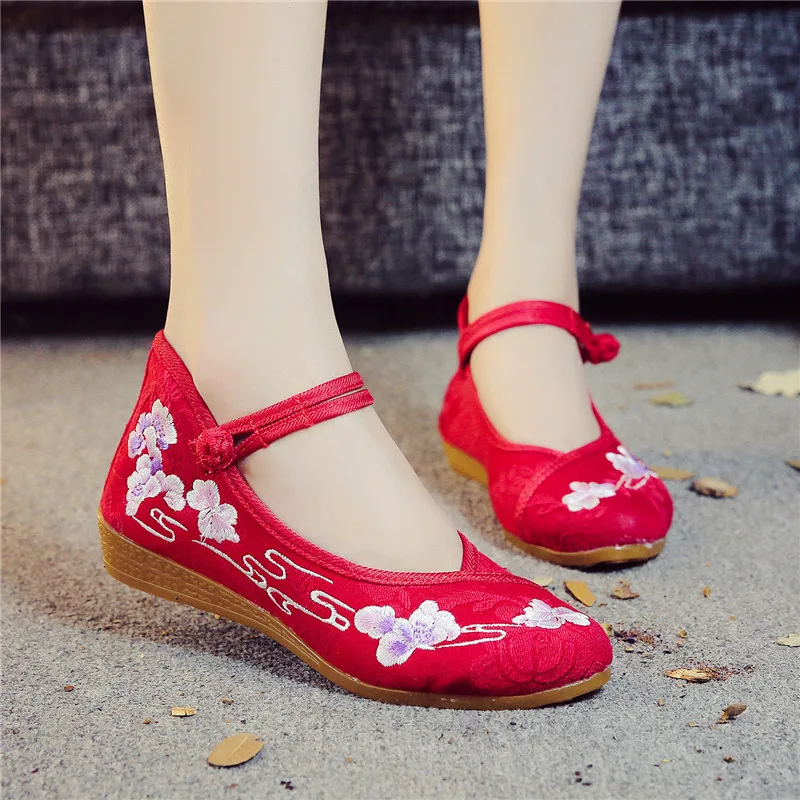 

Ankle Buckles Women Soft Cotton Floral Embroidered Ballet Flats Chinese Style Ladies Breathable Casual Canvas Solid Color Shoes