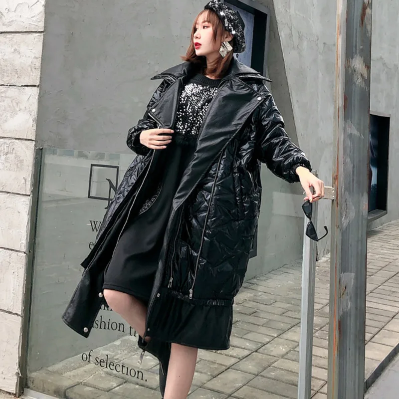 Vefadisa зимняя женская парка из искусственной кожи в стиле пэчворк, черная Толстая парка на молнии с карманами и широкой талией, длинная парка с рыбий хвост QYF1266