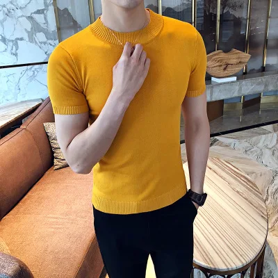 Премиум бренд Модные мужские летние тонкие повседневные трикотажные рубашки/мужские высококачественные свитера с круглым воротником и коротким рукавом топы s-xxl - Цвет: Цвет: желтый
