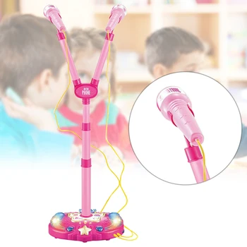 

Karaoke Toy Kids Learning Double Microphone With Light Gift Adjustable Stand Home Sound Early Education Wired Music Instrument