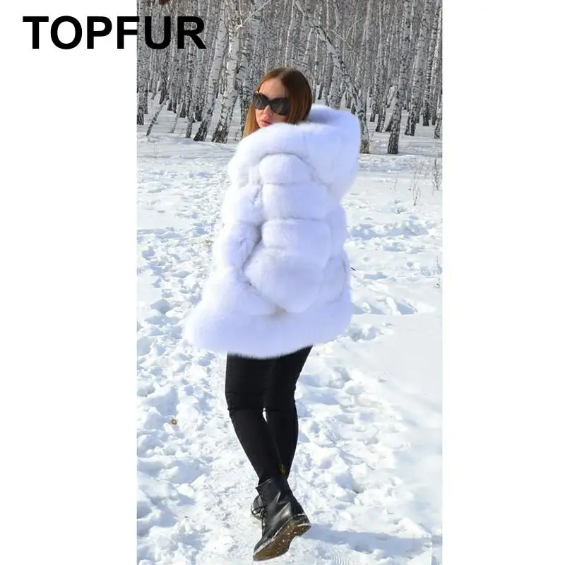 TOPFUR New Fashion Winter Female Coat Real Fur Coat For Women Natural White Fox Fur Outerwear& Coats Black Basic Jackets