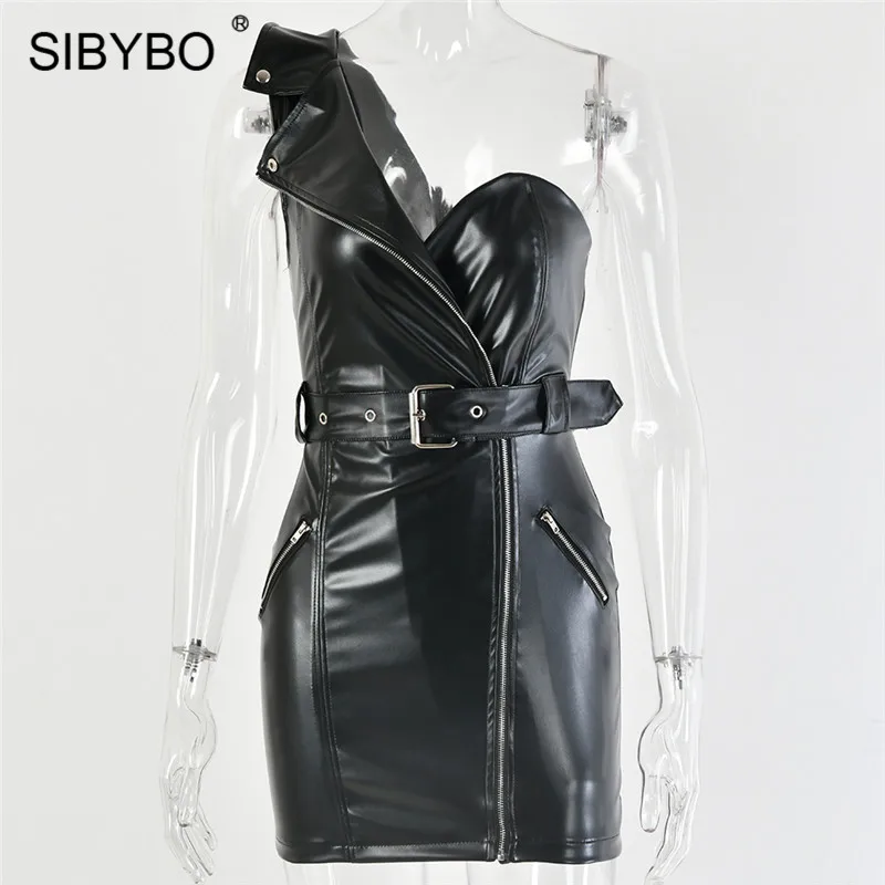Черный SIBYBO из искусственной кожи пикантное платье на одно плечо бодикон-платье без бретелек молния пояса мини вечерние платья мото& Байкер Спинки женские платья - Цвет: Черный