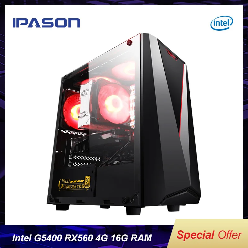  IPASON CHEAP Gaming PC Intel 8th Gen G5400 RX560 4G 16G RAM support DVI/HDMI/DP Desktop Computers F