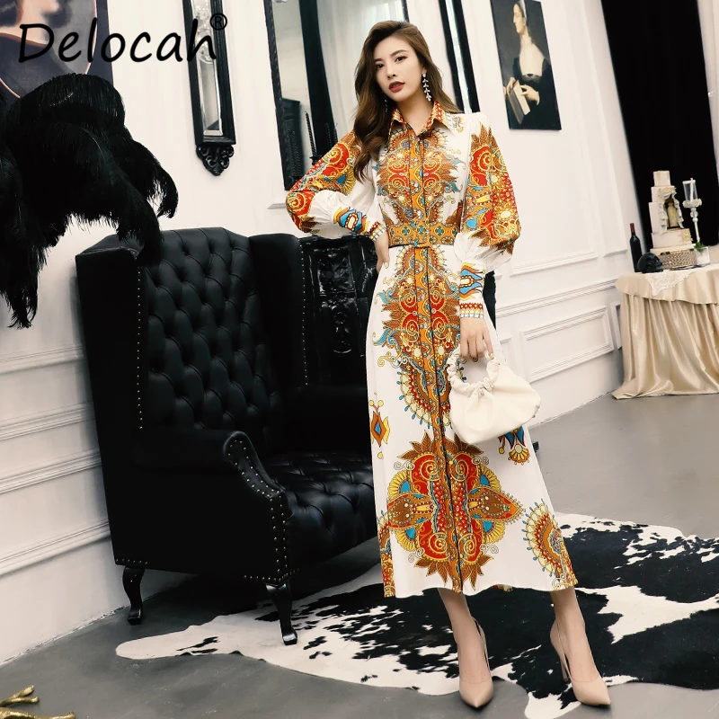 

Delocah Runway Fashion Autumn Winter Shirt Dress Women's Lantern Long Sleeve Printed High Split Elegant Vintage Midi Dresses