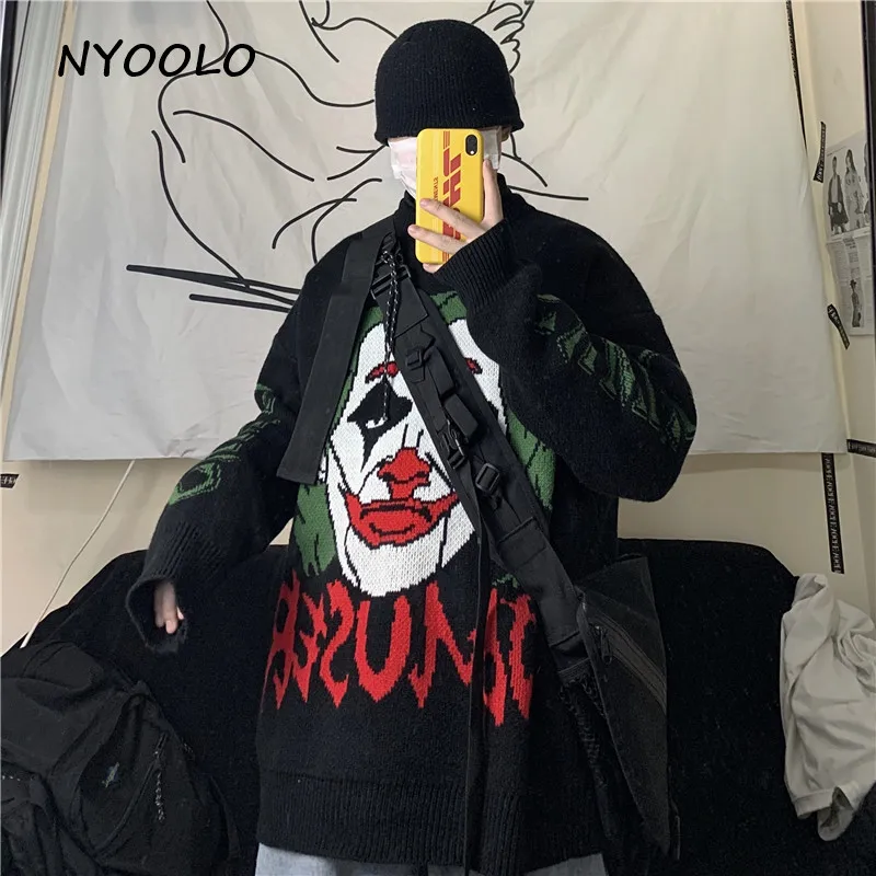 NYOOLO, Ретро стиль, уличная, клоун, буквы, жаккард, утолщенный, теплый, вязаный свитер, Осень-зима, свободный, с круглым вырезом, пуловер, свитер для женщин и мужчин