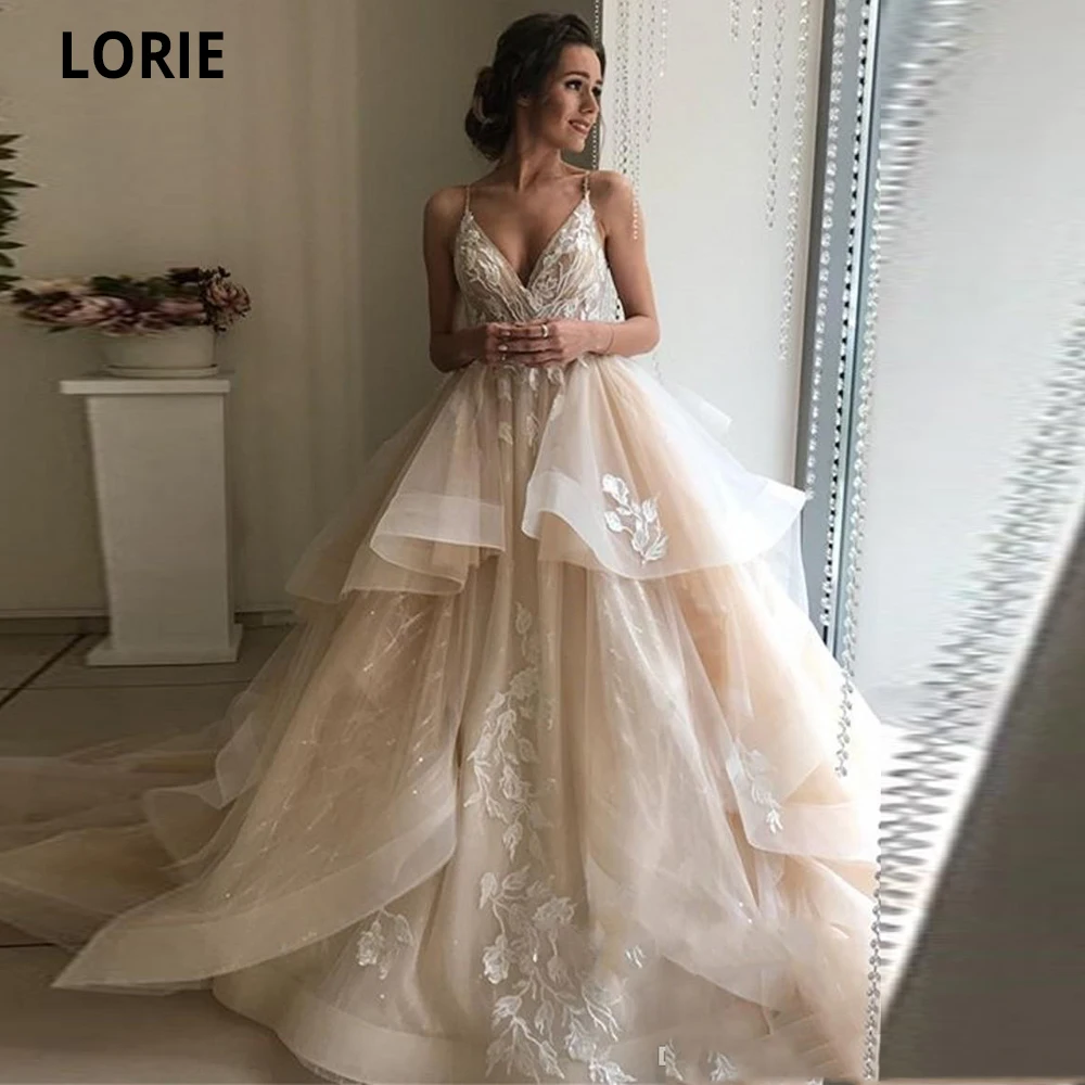 

LORIE Champagne Wedding Dresses 2021 Puffy Skirt Lace Appliques Soft Tulle Spaghetti Straps Open Back Beach Bridal Gowns Vintage