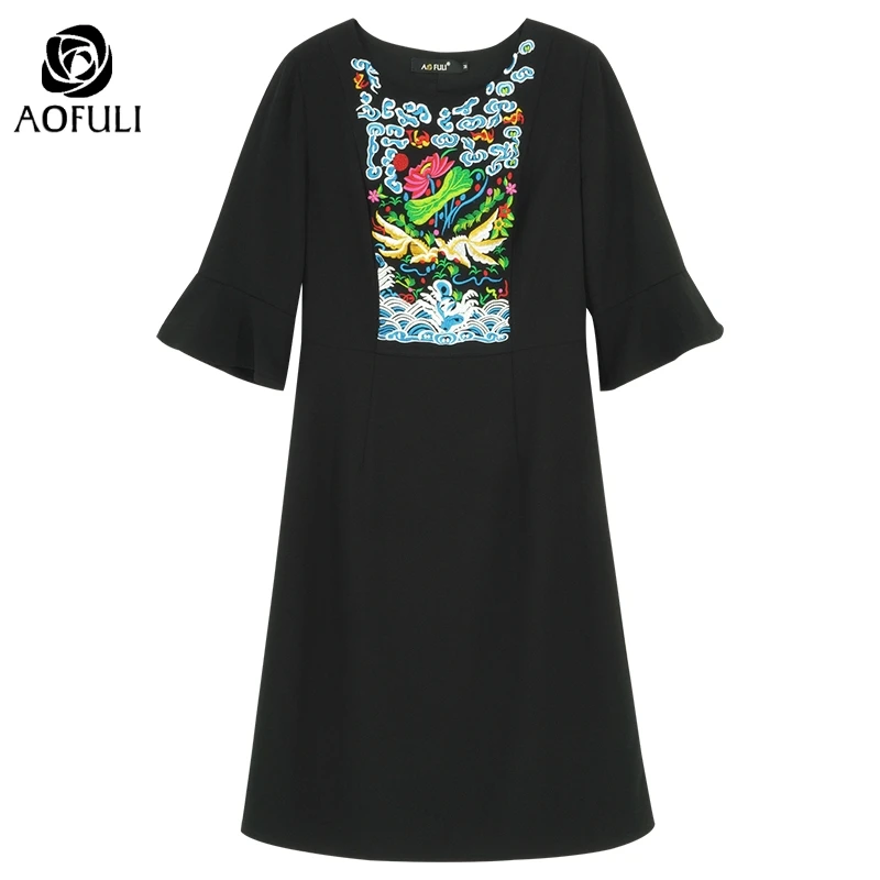 L~ 4XL 5XL китайское Ретро цветочное Вышитое Платье женское плюс размер осеннее яркое с коротким рукавом тонкое платье AOFULI A4088