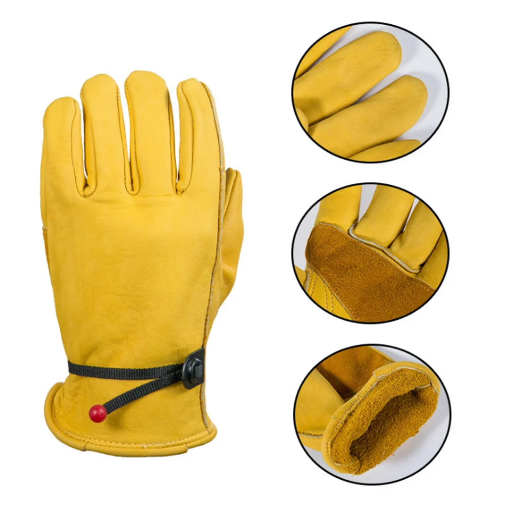 [AETRENDS] Flex Grip Leather Work Gloves Stretchable Wrist Tough Cowhide Working Gloves(Gold, S, M, L, XL) O-0047