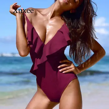 

One-Piece Swimwear Strap solid color ruffle 1 piece swimsuit women swim wear women Swimsuit beach costume
