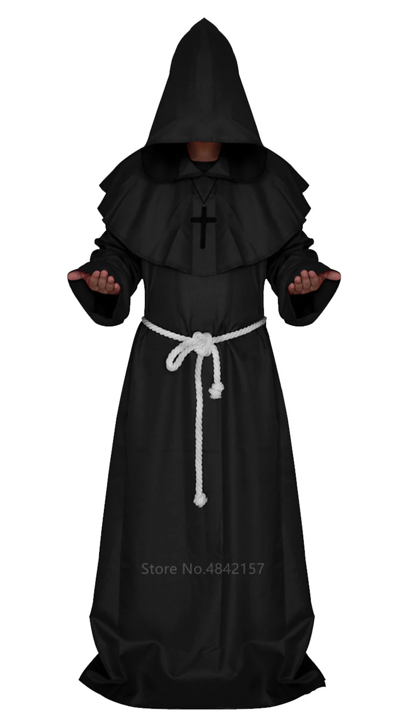 Средневековый монах, костюмы на Хэллоуин, комикс, косплей костюм, с капюшоном, плащ, накидка, монах, Ренессанс, жрец для мужчин - Цвет: Black