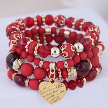New Fashion Heart Charm Beaded Bracelets Set Women Multi colors Stone Boho Bracelet Resin Beads