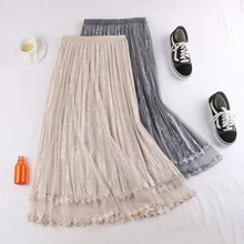 Новинка; сезон осень-зима; Милые сетчатые юбки с бисером; женская винтажная плиссированная велюровая юбка с высокой талией; Лоскутная открытая кружевная юбка; Mw942