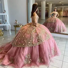 

Pink Quinceanera Dresses For Sweet Girl Beading Sequined Appliques Off The Shoulder Princess Ball Gowns Vestidos De 15 Años