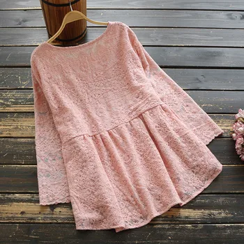 

2020 New Spring Women Literary Cotton Embroidery Nine Quarter Sleeve Tops Casual Solid Color O-Neck Pullover Shirt 7309