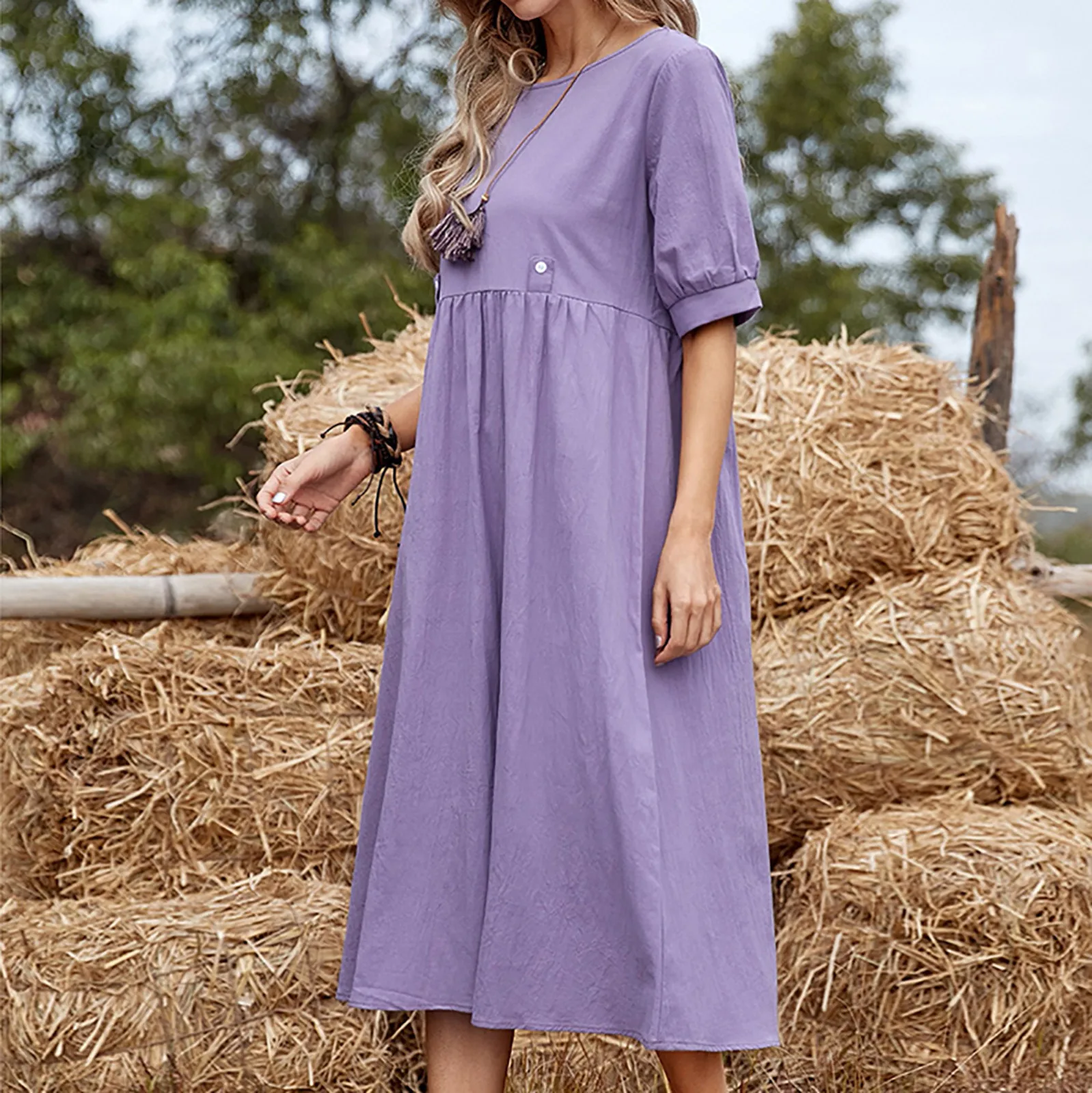 Women Fashion Solid Dress Round Neck Five-quarter Sleeves Casual Long Dress Women Dresses Summer 2021 Vestido De Mujer 1