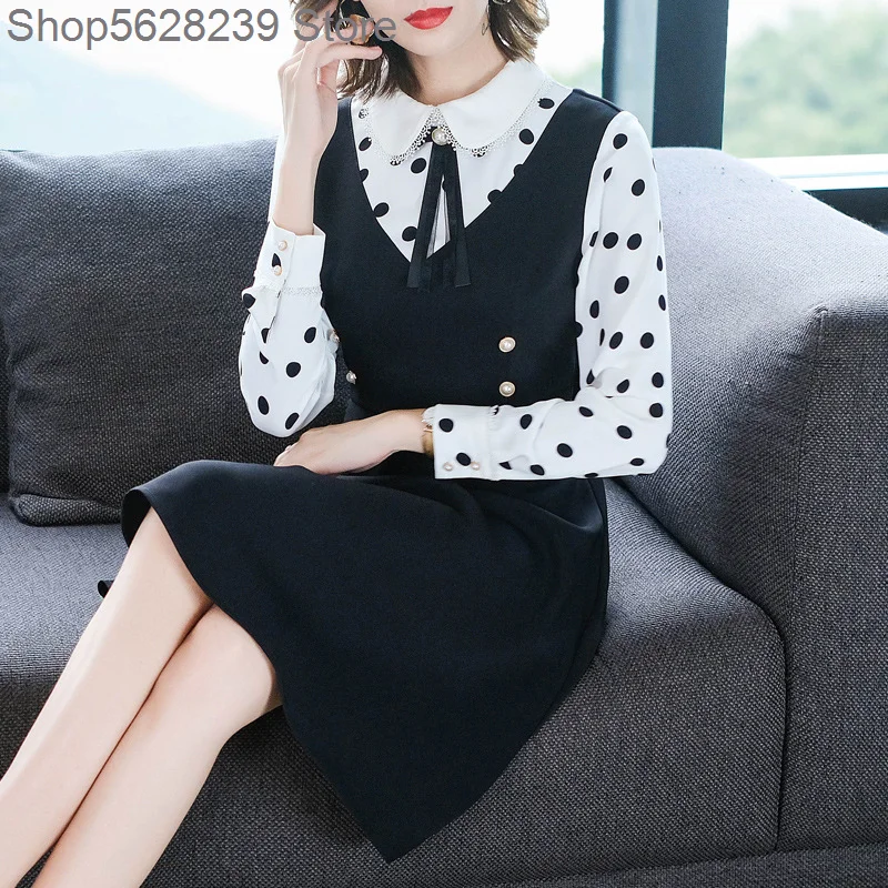 

Long Sleeve Fake Two Piece Dress 2020 Big Size Women's Wear Round Point Splicing Bow A Word Skirt