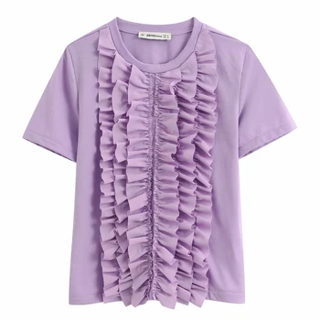 

New Women sweet pleated ruffles decoration casual slim T-shirt female o neck short sleeve basic T shirt chic leisure tops T609