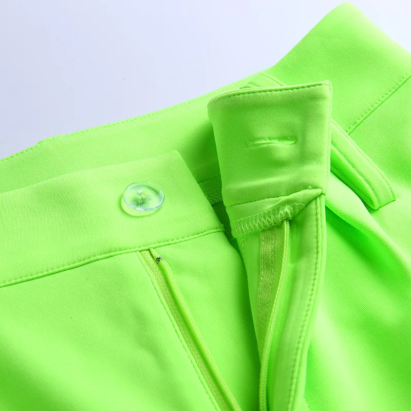OSLLENLLA High Street Neon green прямые брюки женские с поясом Сигаретные Брюки с высокой талией женские блестящие зеленые брюки женские Стрейчевые