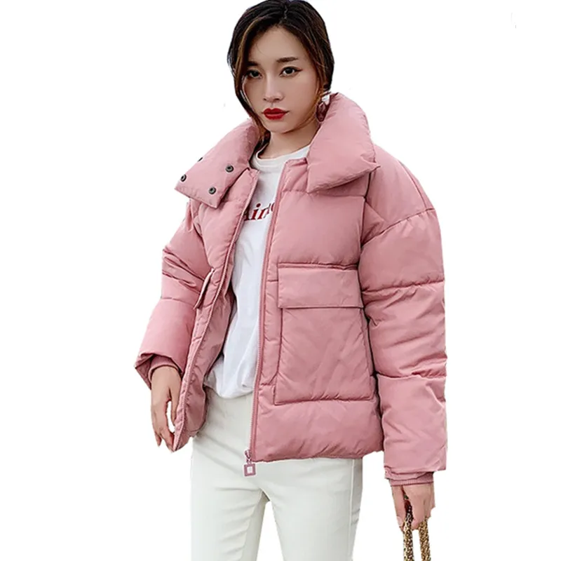 Осенне-зимняя Хлопковая женская куртка со стоячим воротником, корейское свободное короткое зимнее пальто, парка, теплое утолщенное повседневное пальто размера плюс
