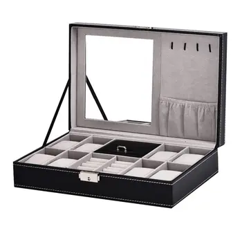 

2 In 1 8 Watch Box Grid + 3 Hybrid Mesh Case Storage Box Luxury Jewelry Ring Display Watch Box Black