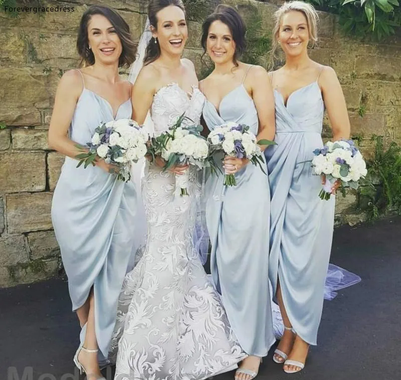 2017 Sky Blue Ankle Length Bridesmaid Dresses Spaghetti Straps Split Country Beach Maid of Honor Wedding Guest Party Gowns Cheap Custom Made  70 (1)