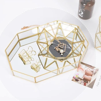

FACEINS Fashion Jewelry Organizer Polygon Glass Storage Box For Jewelry Display Golden Rim Jewelry Boxes Storage Transparent Box