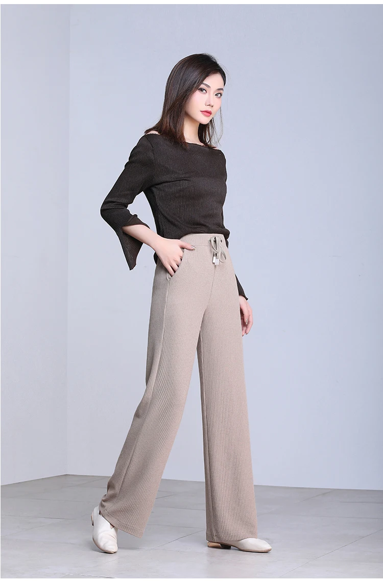 Осенние новые модные женские полосатые вязаные широкие брюки размера плюс женские брюки длинные прямые брюки 7260 50