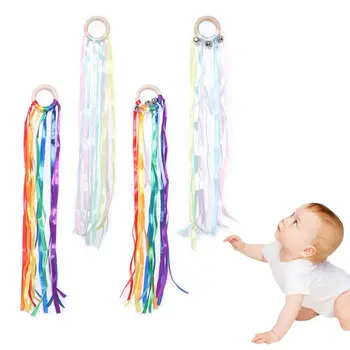 

Rainbow Natural Wooden Ribbon Ring Newborn Sensory Bell Toy Shower Gifts Dancing Props for Toddler