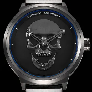 

48mm Pagani design black dial quartz Stainless Steel watch men's Punk 3D Skull Personality Retro Fashion Man's watch