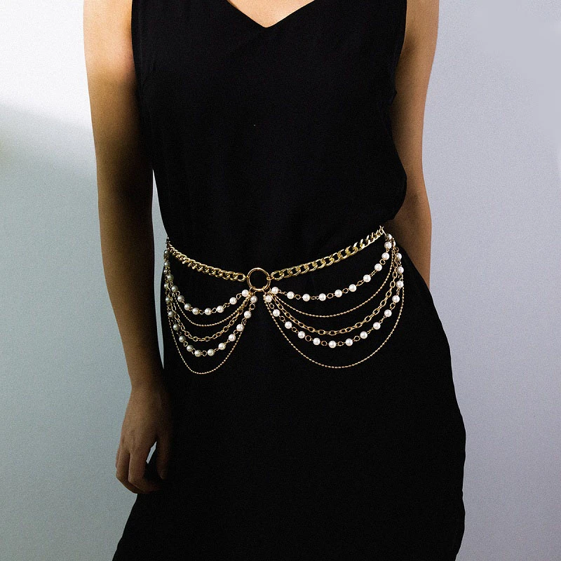 Women Metal Imitation Pearl Waist Chain Luxury Party Dress Jewelry