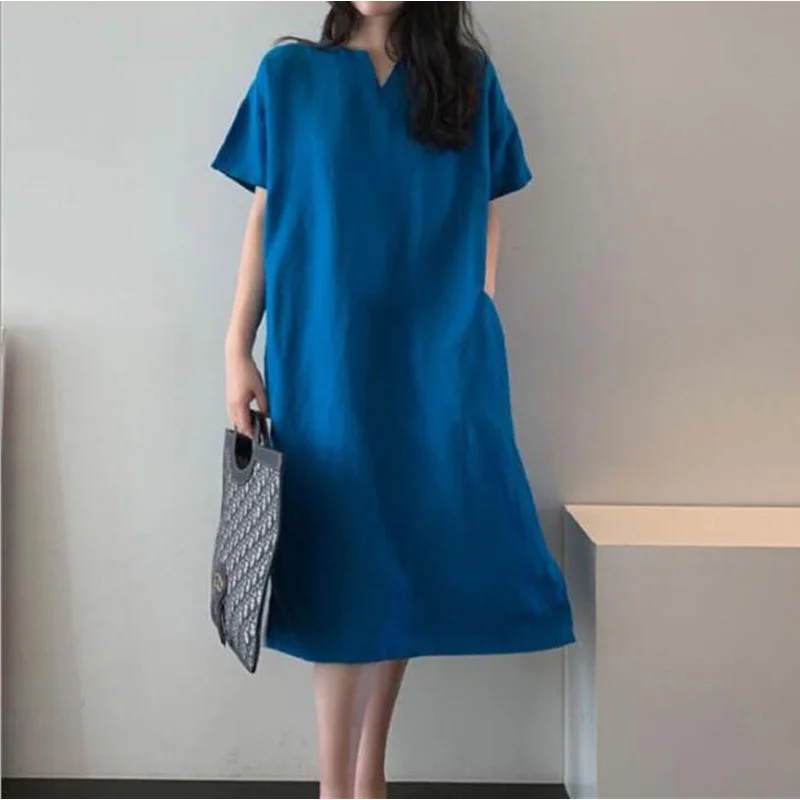 

Women V neck Buttons Down Dress Summer short Sleeve Cotton Linen Sundress Casual Sarafans Vestido Party Tanks Dress CL333