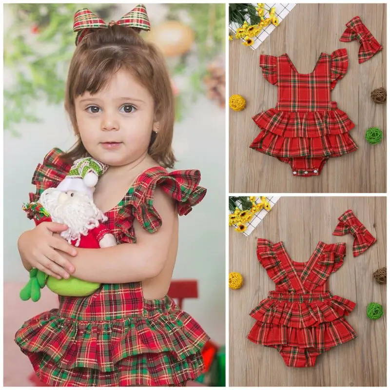 Christmas Newborn Baby Girl Ruffles Sleeveless Red Plaid Tutu Skirted Romper Jumpsuit Headband 2PCS Xmas Clothes