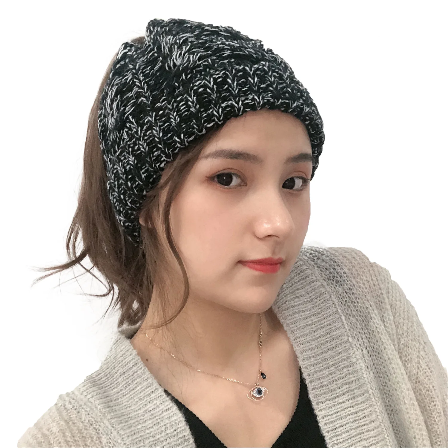 Womens Ponytail Winter Beanie Hat Warm Knit Messy Bun Ponytail Skull Cap Faux Fur Pom Pom Beanie