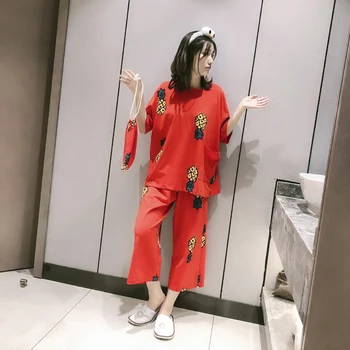 

Women Sweet Pajamas Set Summer Kawaii Cute Cartoon Cropped Sleeve Trousers Home Service Sleepwear