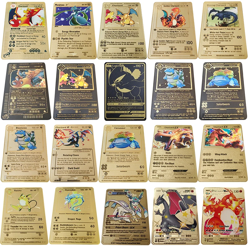 Nuevo 27 estilos de juego de Pokemon Anime Tarjeta de batalla Tarjeta de Metal dorada Charizard Pikachu colección TARJETA DE Pokemon Tarjeta de Metal dorada