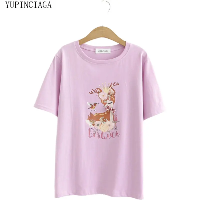 

2020 spring new flowers, offset printing fawn o-neck loose and cute short sleeve Harajuku Style T Shirt Women Cotton Tops Tee
