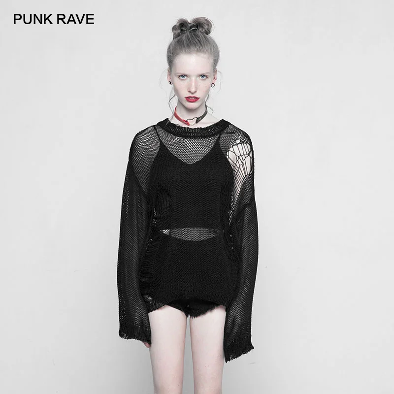 PUNK RAVE Gothic Black Tattered Mesh Hole Loose Knit Women Sweaters and Pullovers Harajuku Distressed Long Sleeve Sweater | Женская