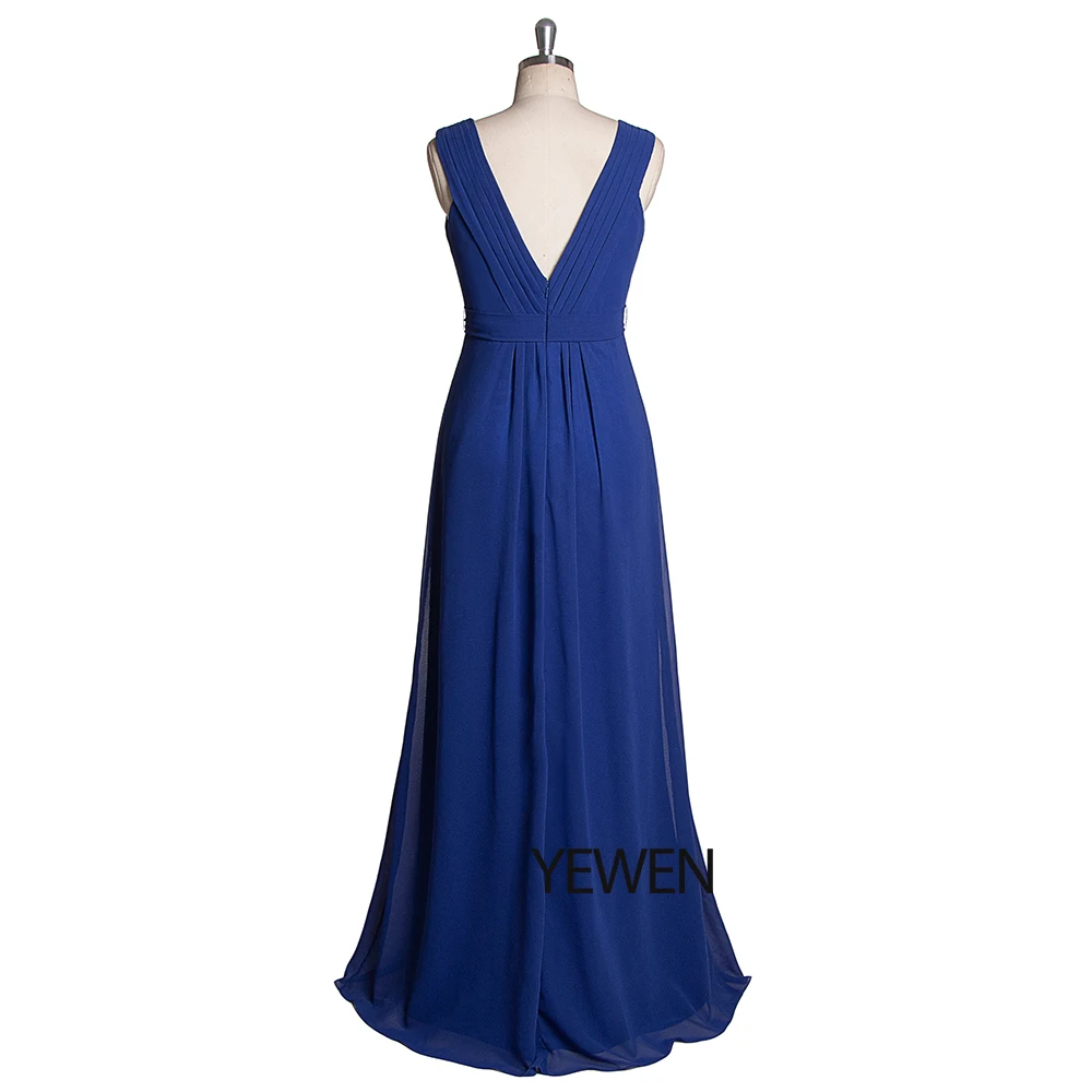 Royal Blue Bridesmaid Dresses Double V-Neck Crystals Sashes Elegant Long Chiffon Dresses For Wedding Party Vestidos De Madrinha