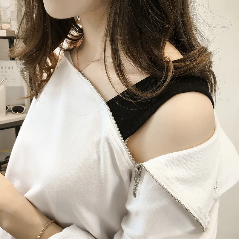 

Hoodie Women's Pullover 2019 New Style Students Korean-style Large Size off-Shoulder Slit Long-sleeved Upper Garment