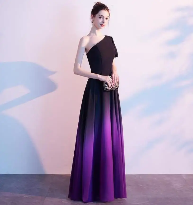 Фиолетовый Большие размеры, Vestido madrinha, новинка, одно плечо, рукав А-силуэт, шифон, градиент, черный, фиолетовый, красный, длинные платья подружек невесты sukien - Цвет: Фиолетовый